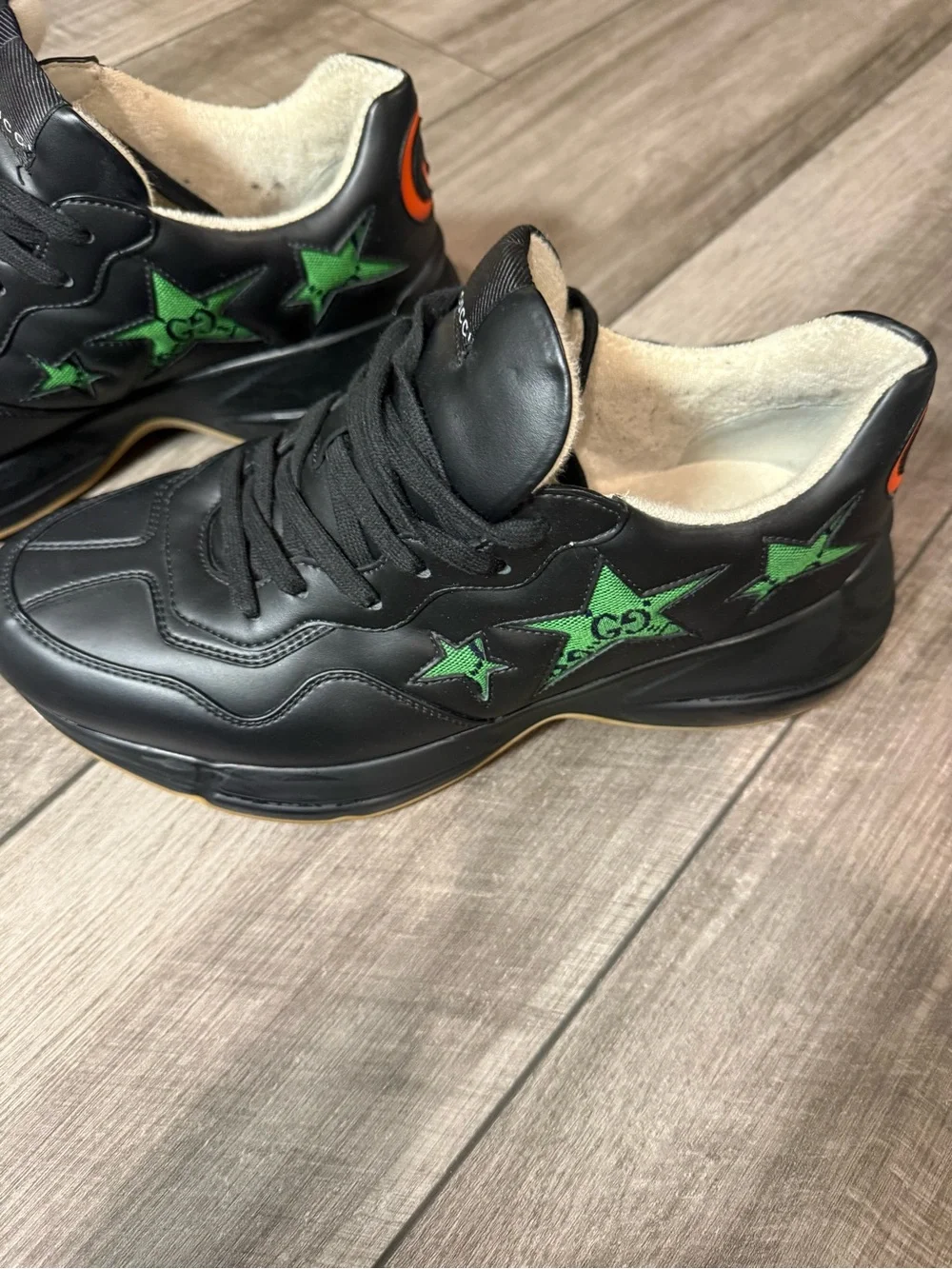 Gucci Black Leather Sneakers with Green Star Motif